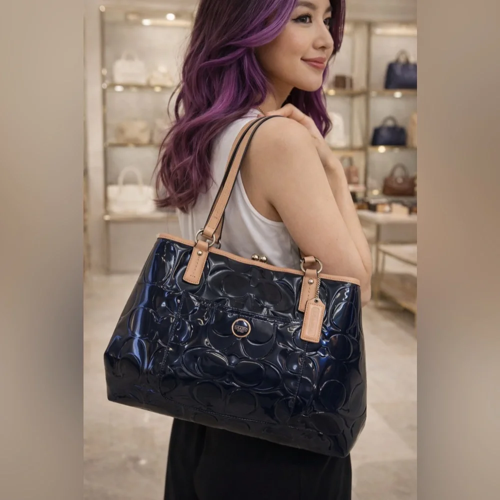 Coach Peyton Signature Embossed Blue Patent Leather Tote